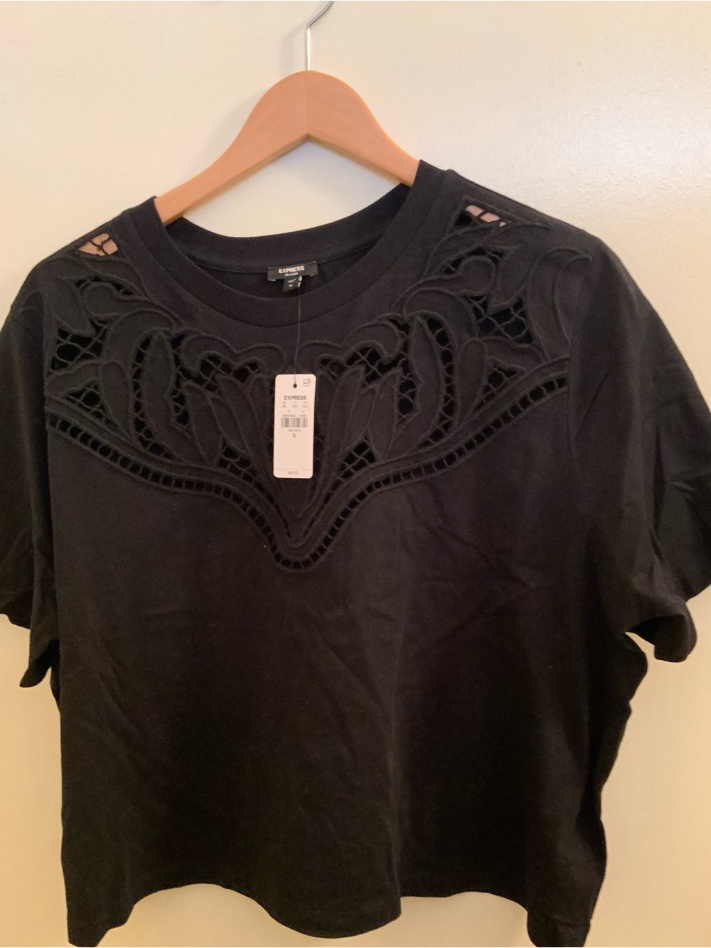 Express Black Short Sleeve Top with Cutout Lace Yoke